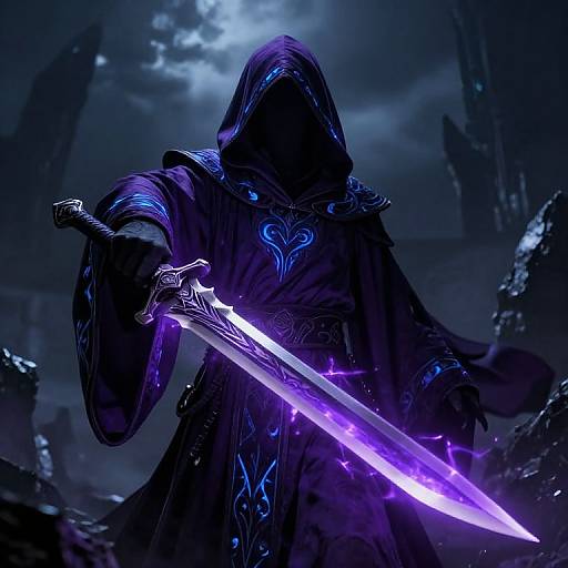 Enigmatic Hooded Warrior with Glowing Blade