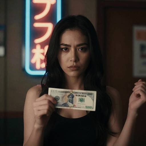 Serious Woman with Neon Japanese Background