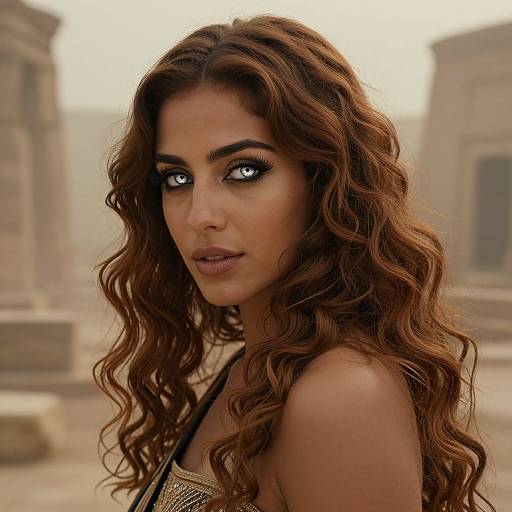 Photograph of a beautiful woman with long, wavy brown hair, intense blue eyes, and dark eye makeup, standing in a blurred ancient ruin background