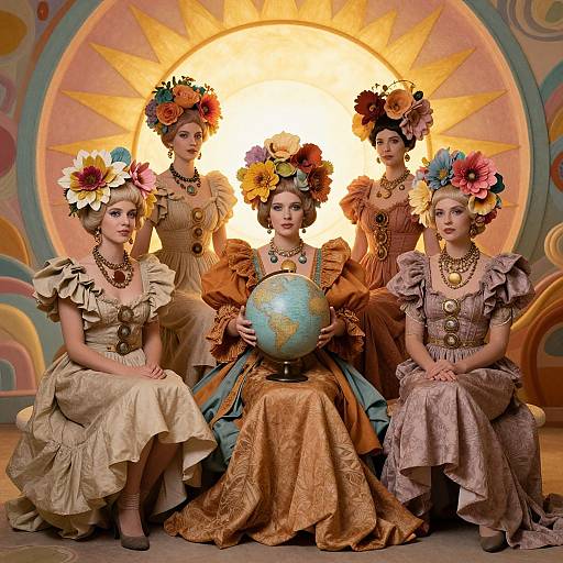 Photograph of five Victorian-style women in ornate dresses and floral headpieces, seated around a globe, against a sunburst backdrop.