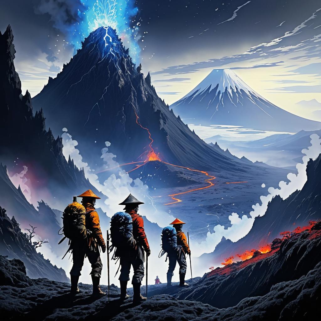 Explorers Encounter Elemental Spirits by Volcano