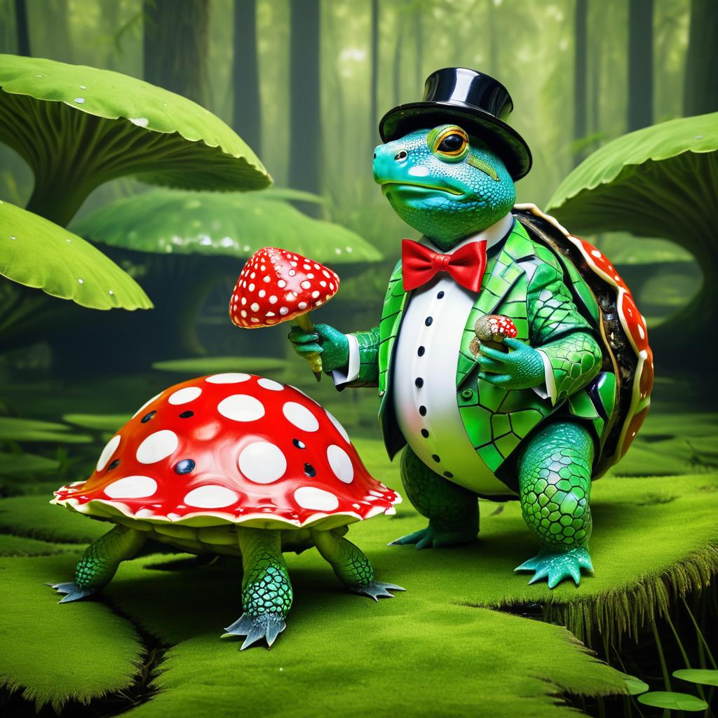 Surreal Turtle with Bowtie and Mushroom