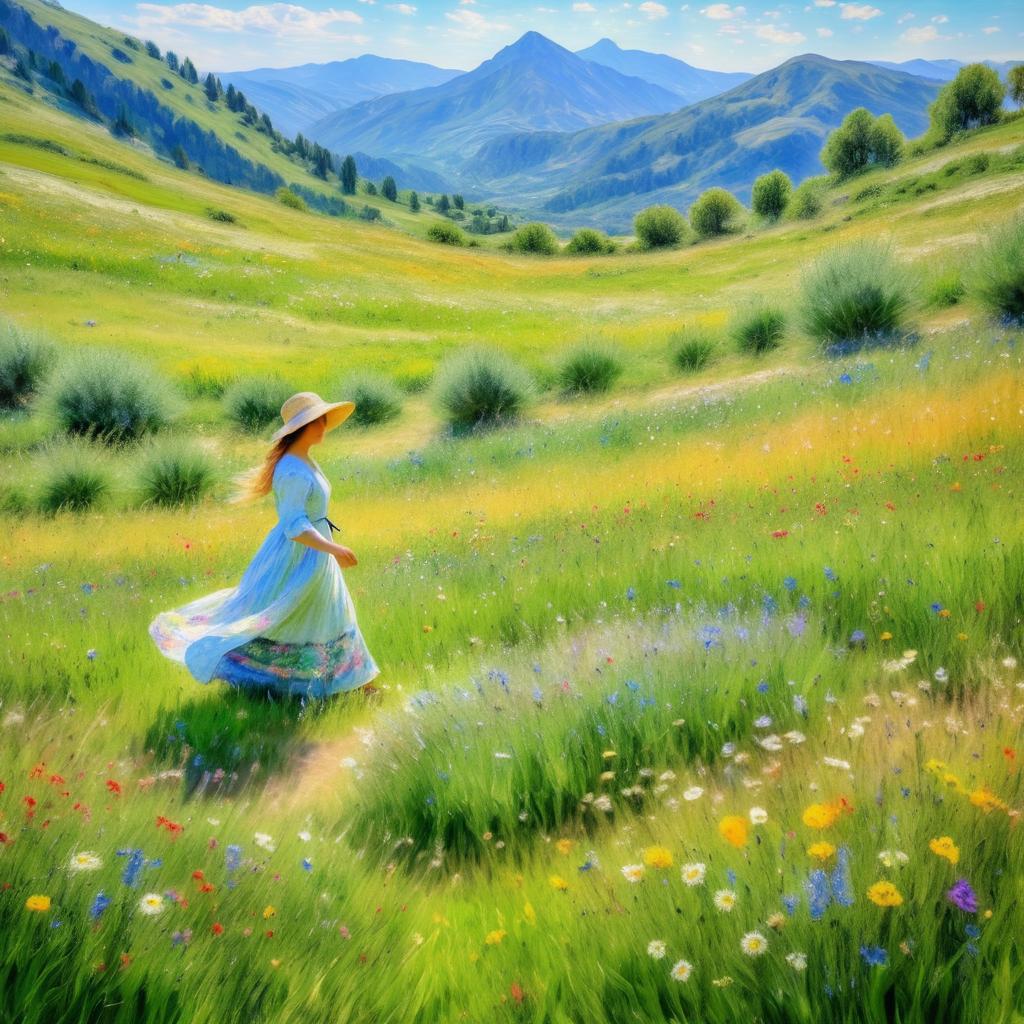 Impressionist Meadow with Wildflowers and Woman