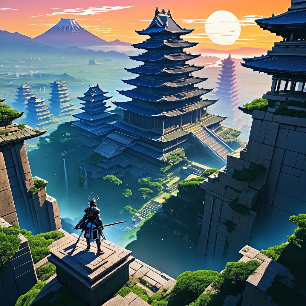 Surreal Samurai in Ancient Ruins at Sunrise