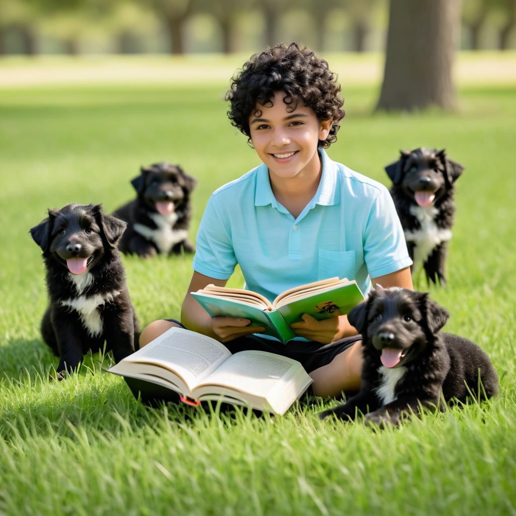 Smiling Boy Reading to Playful Puppies