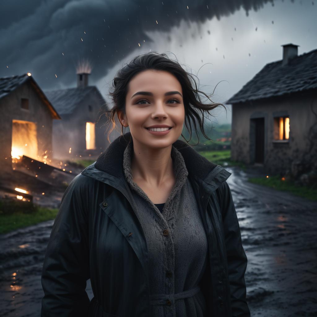 Joyful Woman Amidst Stormy Ashes