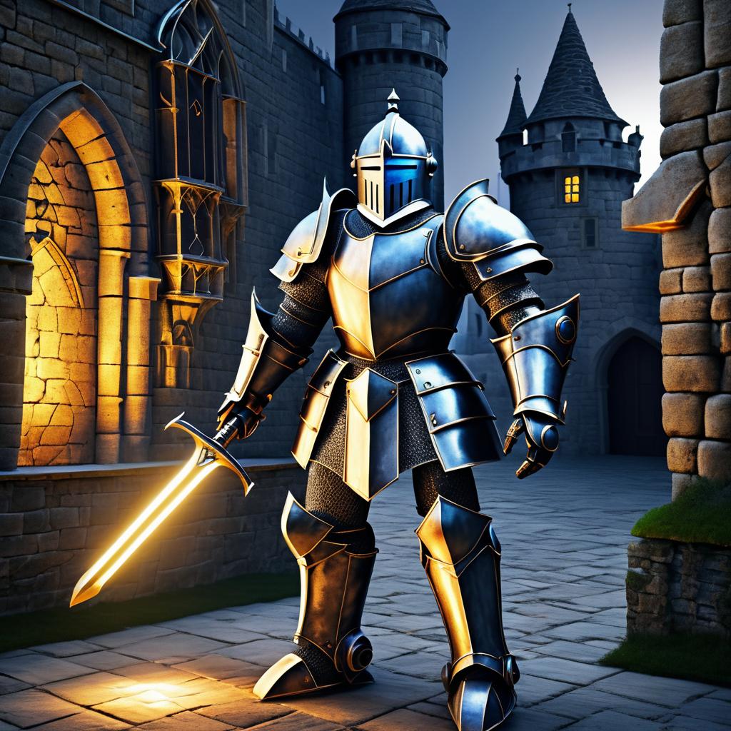 Medieval Robot Knight in Castle Courtyard