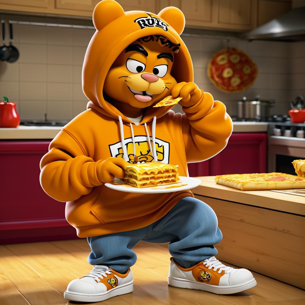 Hip-Hop Garfield Enjoying Lasagna