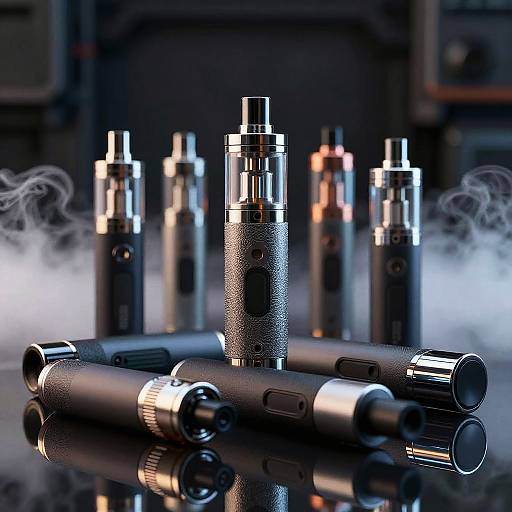 Photograph of sleek, metallic vaporizers with textured black bodies, standing upright and lying horizontally, emitting wisps of white vapor. Reflections and soft