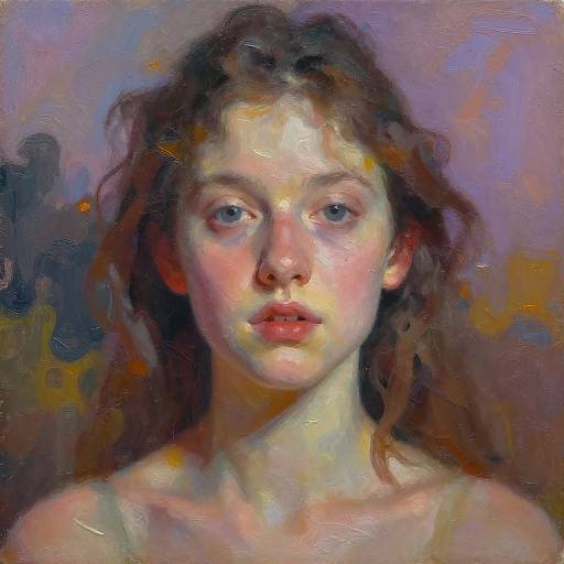 Digital painting of a fair-skinned woman with blue eyes, wavy brown hair, and pink lips, set against a colorful, abstract background.