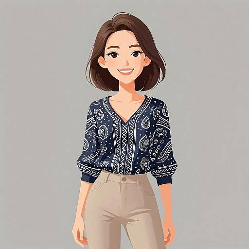 Digital anime-style drawing of a smiling woman with short brown hair, wearing a navy paisley blouse and beige pants, against a light blue background.