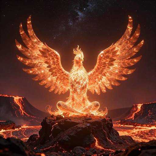 Luminous Phoenix Meditating on Volcanic Rock