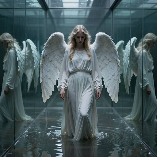 Photograph of a solemn, blonde, angelic woman with large, white wings, wearing a flowing white gown, walking through a reflective, mirrored room