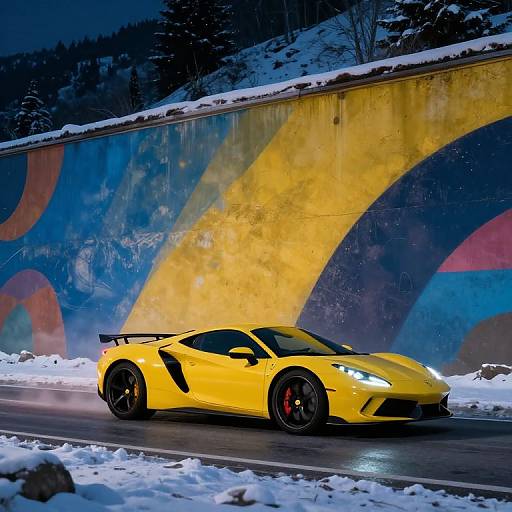 Photograph of a bright yellow, high-performance sports car with black accents driving on a snowy road at night, illuminated by streetlights, with a colorful