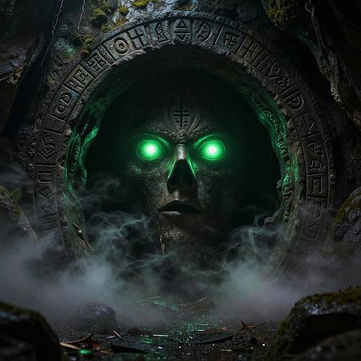 Photograph-like CGI of a dark, eerie stone tunnel with a glowing green-eyed, stone face at the center, surrounded by fog and ancient carv