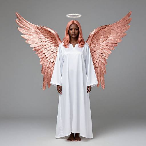 Photograph of a dark-skinned woman with long pink hair, wearing a white robe and large pink angel wings, with a glowing halo above her head