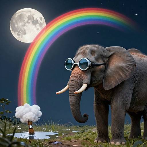 Elephant Painting Rainbows on Moon