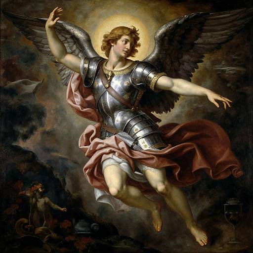 Baroque-style painting of an angelic figure with brown hair, silver armor, and black wings, glowing halo, red and white drapery,