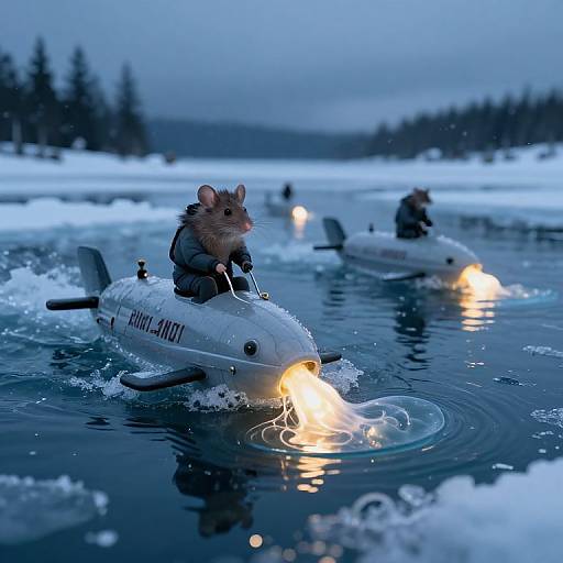 Photograph of a cute brown hamster in a life jacket, riding a small, illuminated inflatable boat on a frozen, icy lake.