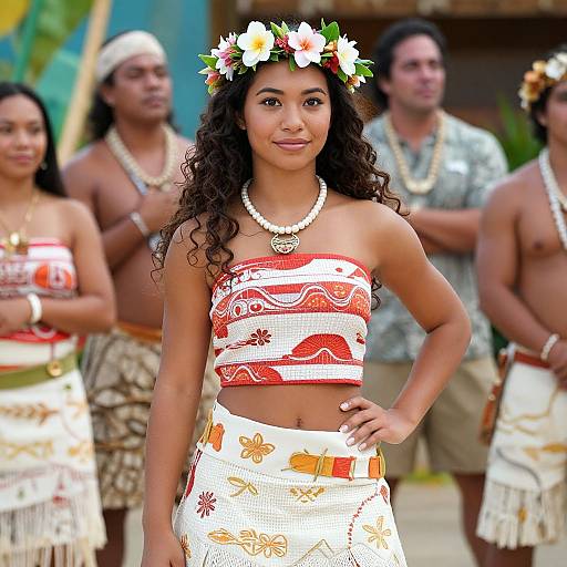 Photograph of a young woman with curly dark hair, flower crown, white and red strapless top, and flower-patterned skirt, standing confidently in