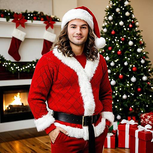 Man in Santa Outfit by Christmas Tree