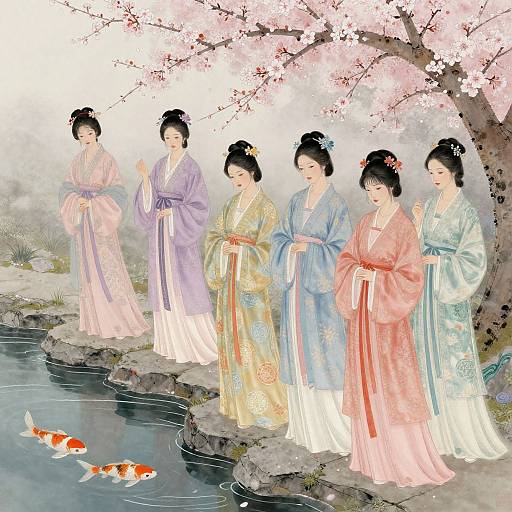 Digital illustration of six Japanese women in colorful kimonos, standing by a cherry blossom tree by a pond with two koi fish.