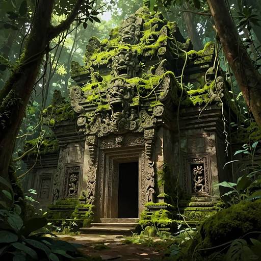Photograph of a moss-covered, ancient stone temple entrance in a dense, sunlit jungle, with intricate carvings and lush greenery surrounding.