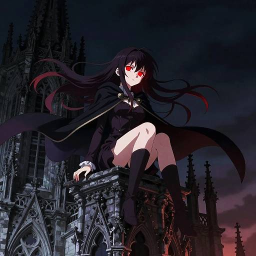 Digital anime-style drawing of a dark-haired, red-eyed girl with pale skin, sitting on a gothic cathedral rooftop at sunset.