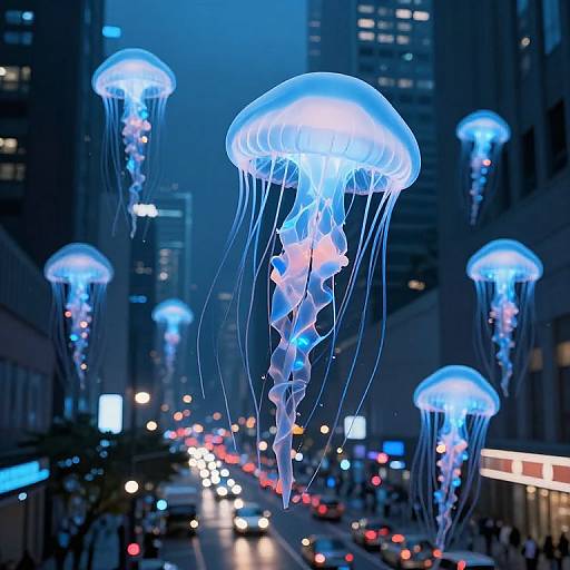 Photograph of glowing blue jellyfish floating above a bustling urban street at night, with city lights and buildings in the background.