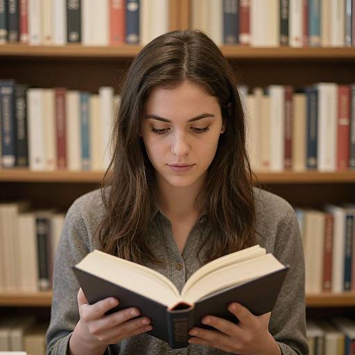 Photograph of a focused young woman with long brown hair, wearing a gray button-up shirt, reading a book in a library.