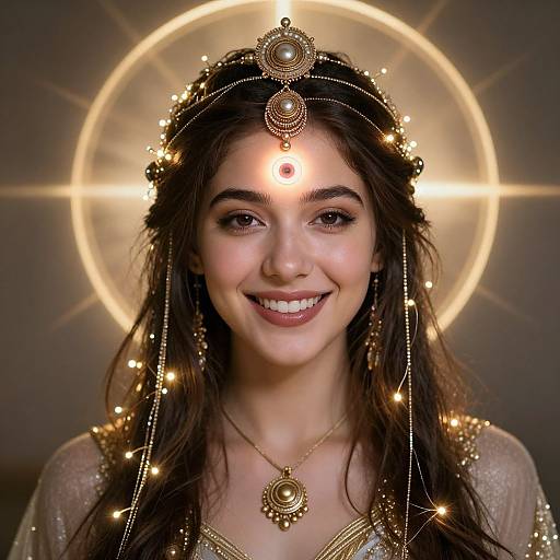 Photograph of a smiling young woman with long brown hair, wearing a radiant gold headpiece, intricate jewelry, and glowing halo, against a dark background
