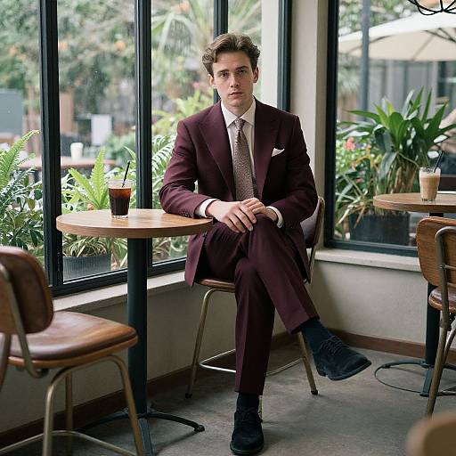 Photograph of a young, handsome man with wavy brown hair, wearing a maroon suit, white shirt, and patterned tie, sitting at