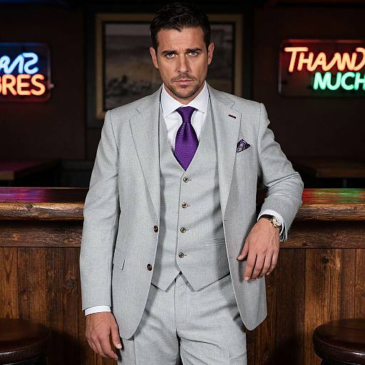 Photograph of a handsome man with short dark hair, wearing a light gray suit, white shirt, and purple tie, leaning on a wooden bar counter