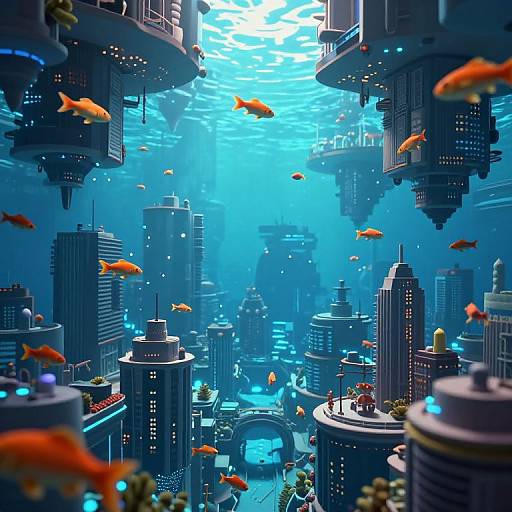 Photorealistic digital art of a futuristic underwater cityscape with glowing blue lights, floating skyscrapers, and orange fish swimming among them.