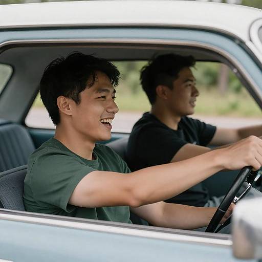 Vintage Car Adventure: Two Men Laughing
