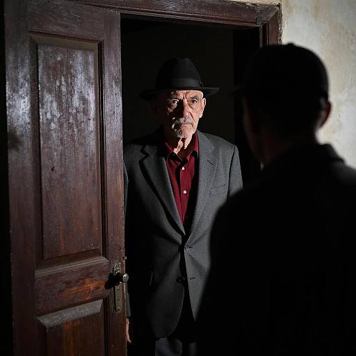 Old Man Standing in Dark Doorway with Silhouetted Figure
