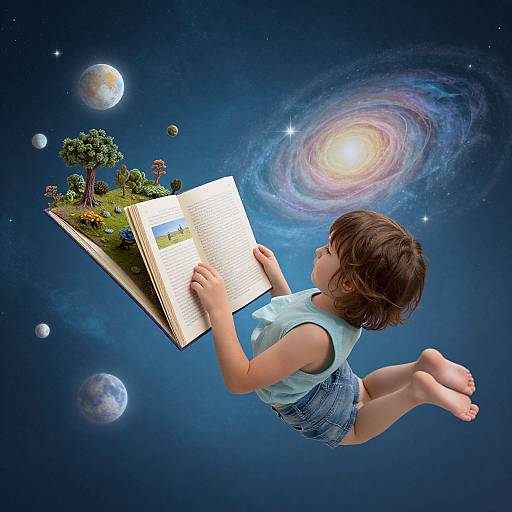 Photograph-style digital art: Young child with brown hair, blue sleeveless shirt, and denim shorts, floats in space, reading an open book that