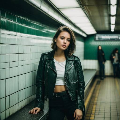 Young Woman in Leather Jacket in Subway