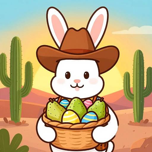 Cartoon white bunny in brown hat holding basket of colorful Easter eggs, set against a desert with cacti and sunset.