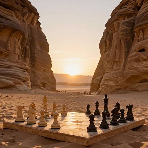 Photograph of a chessboard with white and black pieces set in a desert canyon at sunset, with towering rock formations flanking the scene.