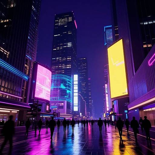 Neon-lit, futuristic city street at night with vibrant, colorful LED billboards, reflective wet pavement, and silhouetted pedestrians walking.
