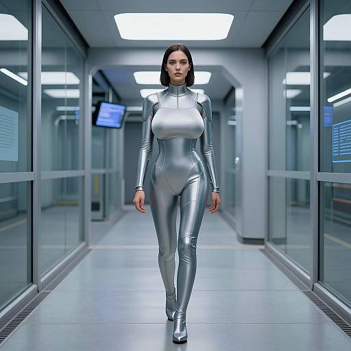 Photograph of a woman in a shiny, silver, form-fitting latex bodysuit walking down a futuristic, sterile, illuminated hallway.