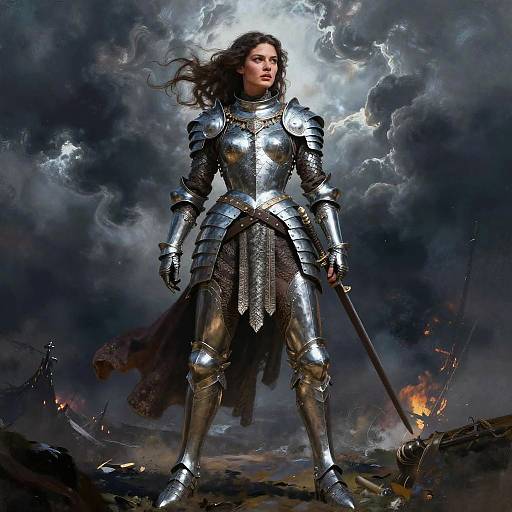 Photorealistic digital artwork of a fierce, dark-haired woman in shining silver armor, standing with a sword, amidst a stormy, battle-scar