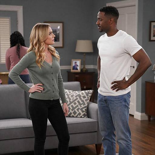 Photograph of a blonde woman in a green cardigan and black pants, standing and talking to a black man in a white t-shirt and blue jeans