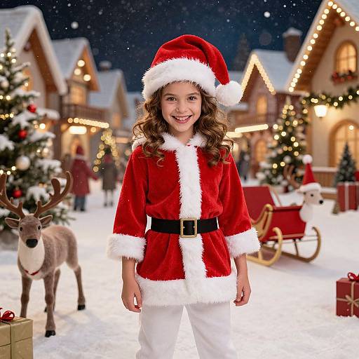 Photograph of a smiling young girl with curly brown hair in a Santa outfit, standing in a snowy Christmas village at night, with a reindeer,