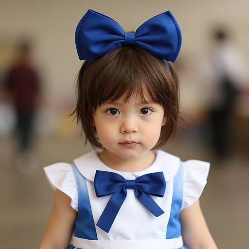 Photograph of a young Asian girl with short brown hair, blue bow headband, and matching blue bow on a white dress, standing indoors with a
