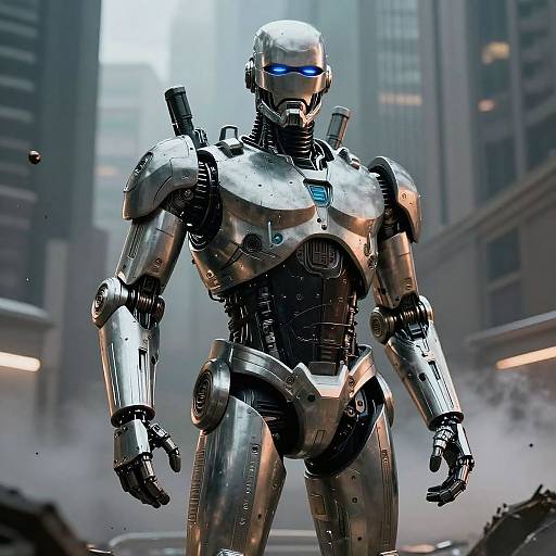 Photorealistic CGI of a sleek, silver humanoid robot with blue glowing eyes standing in a smoky, urban cityscape with tall buildings.