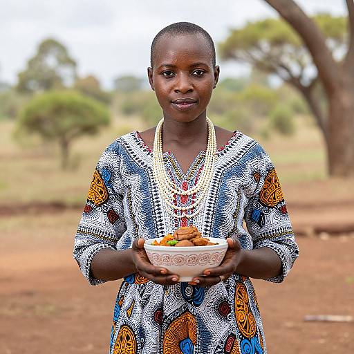 Photograph of a smiling African woman with dark skin, short hair, wearing a colorful patterned dress and beaded necklace, holding a bowl of food