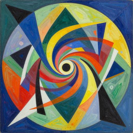 Abstract painting featuring a vibrant, spiral pattern of bold, colorful triangles and swirling shapes in yellow, red, blue, green, and black.