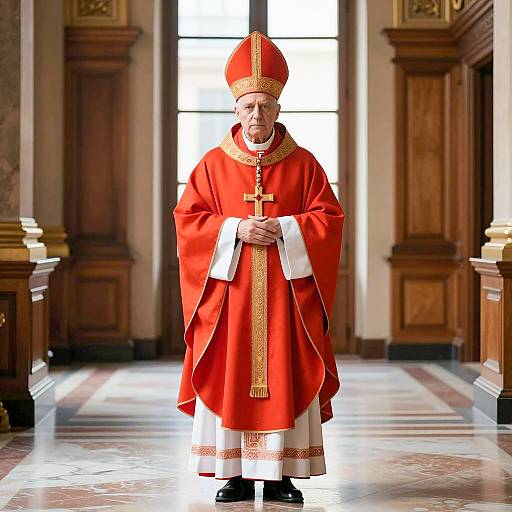 Elderly Cardinal in Ornate Hallway
